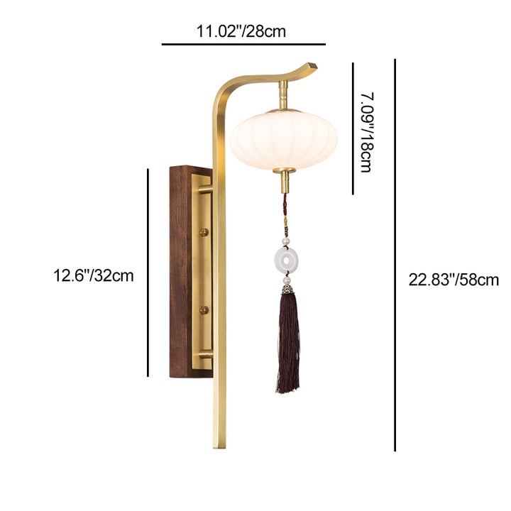 Lanterne ovale chinoise traditionnelle avec abat-jour en cuivre et noyer 1 - Applique murale pour salon 