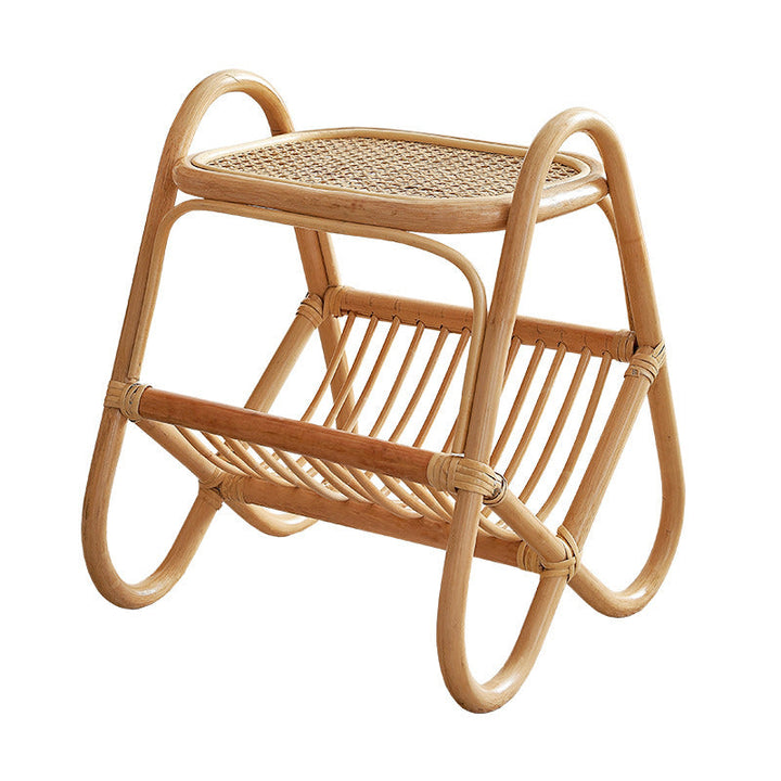 Traditional Japanese Weaving Rectangular Rattan Glass Side Table 2-Tier For Living Room