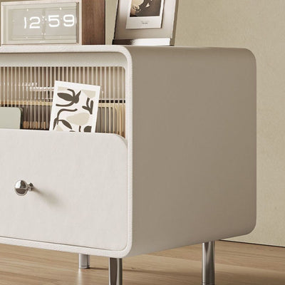 Modern Minimalist Square Microfiber Leather Medium Density Fiberboard Glass Stainless Steel Nightstand 1-Drawer For Bedroom