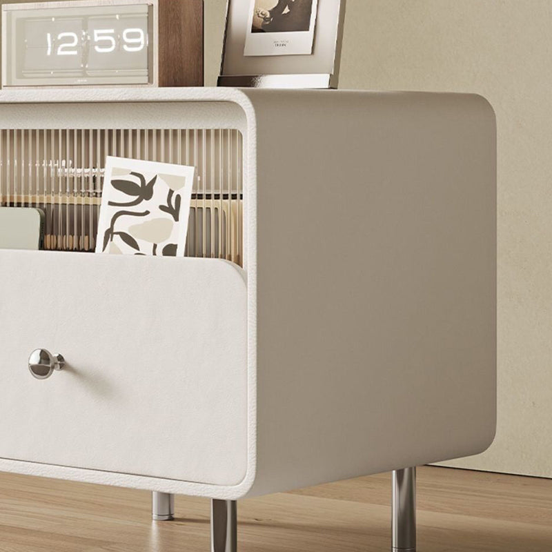 Modern Minimalist Square Microfiber Leather Medium Density Fiberboard Glass Stainless Steel Nightstand 1-Drawer For Bedroom