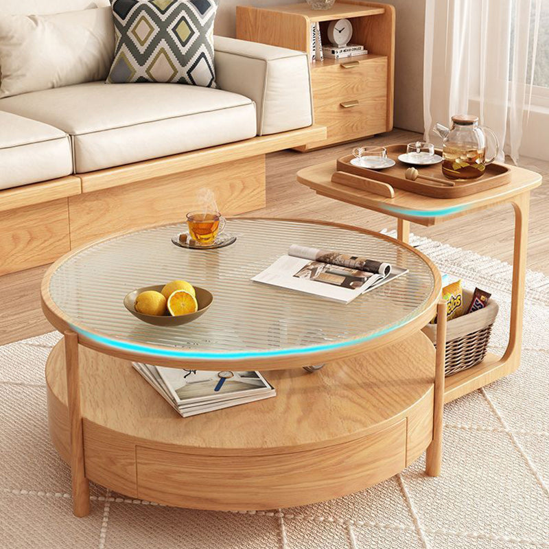 Zeitgenössischer japanischer quadratischer runder Glas-Holz-Beistelltisch 2-stufig für das Wohnzimmer 