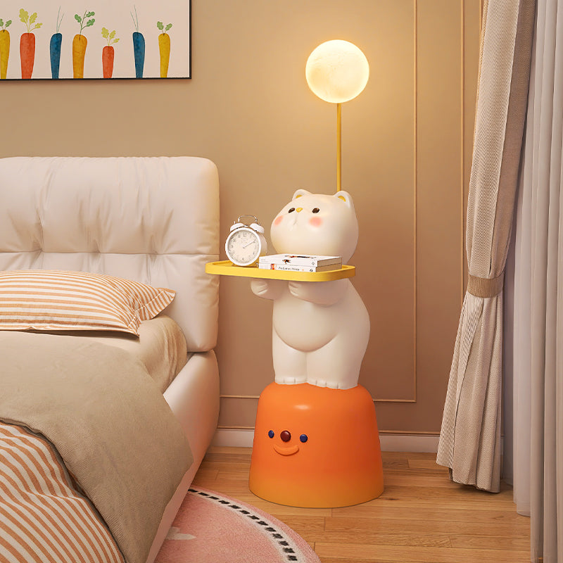 Moderner Art Deco Kinder Katzen rechteckiger Harz Metall Holz Beistelltisch 1-Tablett mit LED-Licht für Schlafzimmer 