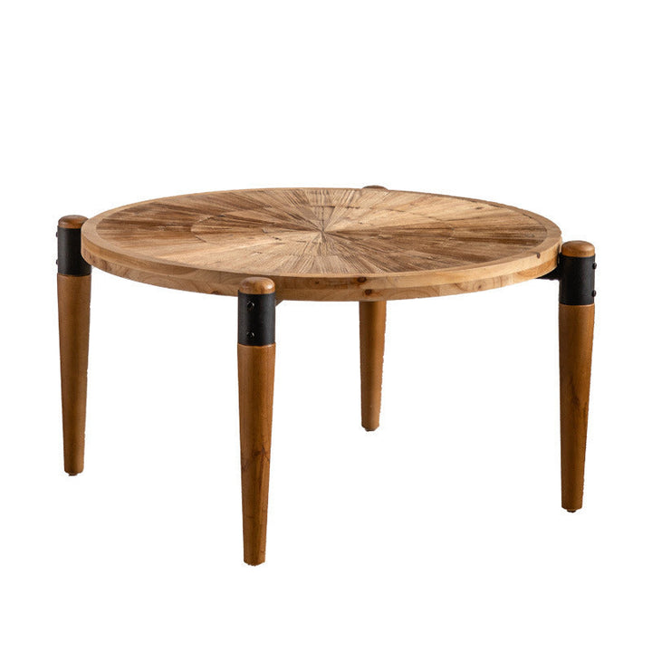 Table basse rustique traditionnelle ronde en bois de sapin et fer, 1 niveau, pour salon 
