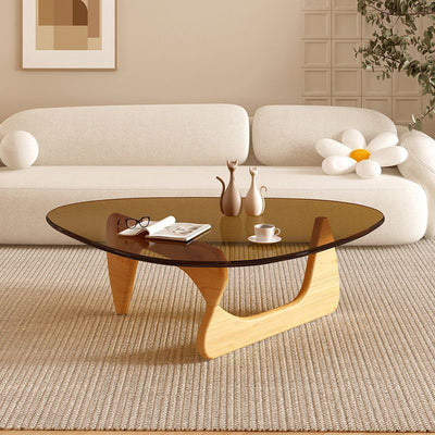 Contemporary Creative Teardrop-Shaped Triangular Tempered Glass Solid Wood Coffee Table 1-Tier For Living Room
