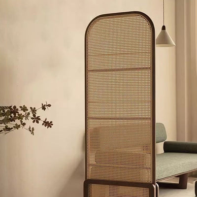 Traditional Chinese Rubberwood Solid Wood PE Rattan Room Divider With 3-Tier Storage Shelf For Living Room