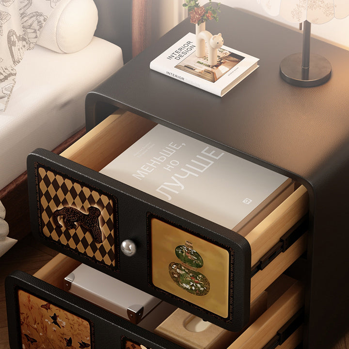 Mesita de noche contemporánea creativa rectangular de panel compuesto con pata de gato de cuero y madera maciza de 2 cajones para el dormitorio 