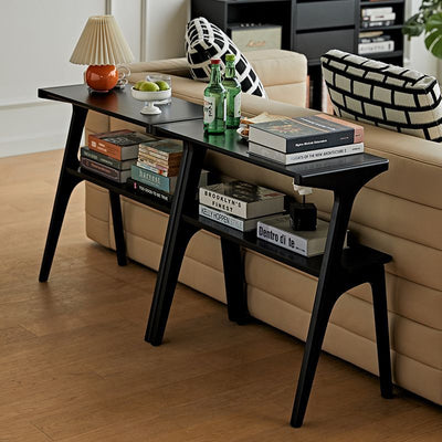 Table d'appoint rectangulaire contemporaine en bois de hêtre et caoutchouc à 2 niveaux pour salon 