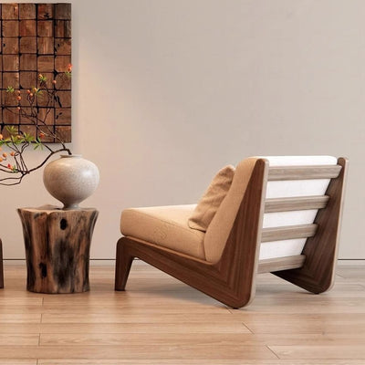 Traditional French Rectangular Cotton-Linen Fabric Solid Wood Accent Chair Backrest Armless For Living Room