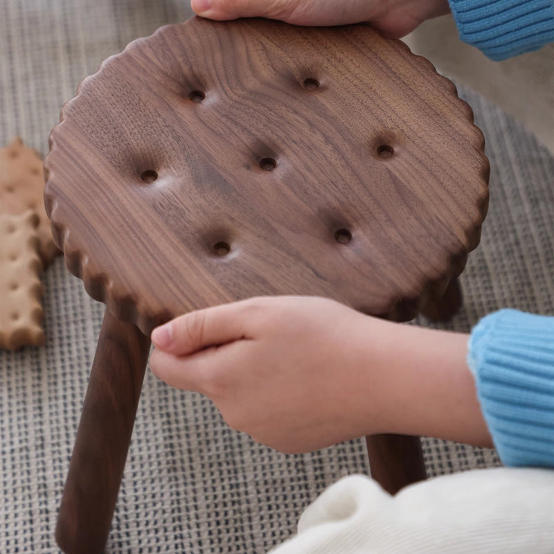 Contemporary Creative Round Cookie-Shaped Black Walnut Solid Wood Kids Low Stool For Living Room