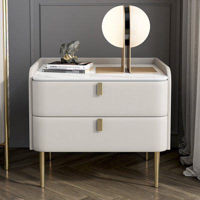 Table de nuit moderne en cuir, bois de pin et acier au carbone avec plateau rectangulaire et 2 tiroirs 