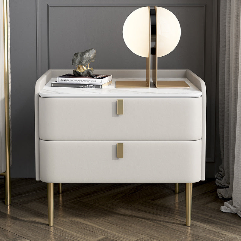 Table de nuit moderne en cuir, bois de pin et acier au carbone avec plateau rectangulaire et 2 tiroirs 