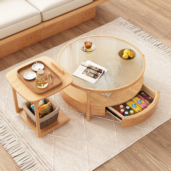 Zeitgenössischer japanischer quadratischer runder Glas-Holz-Beistelltisch 2-stufig für das Wohnzimmer 