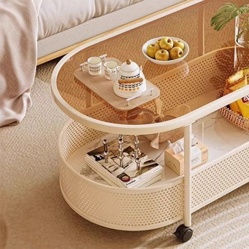 Modern Minimalist Rectangular Iron Plastic Tempered Glass Movable Coffee Table 2-Tier For Living Room