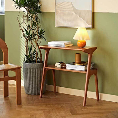 Table d'appoint rectangulaire contemporaine en bois de hêtre et caoutchouc à 2 niveaux pour salon 