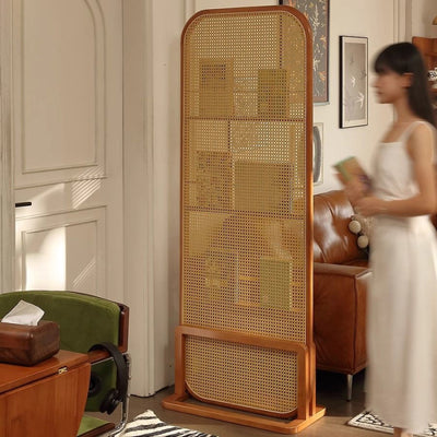 Traditional Chinese Rubberwood Solid Wood PE Rattan Room Divider With 3-Tier Storage Shelf For Living Room