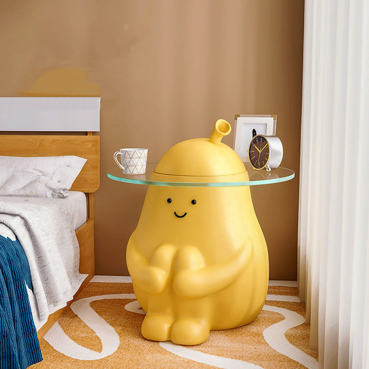 Moderner Art Deco runder Cartoon-Birnenharz verstärkter Glas-Beistelltisch 1-Tablett für das Schlafzimmer 