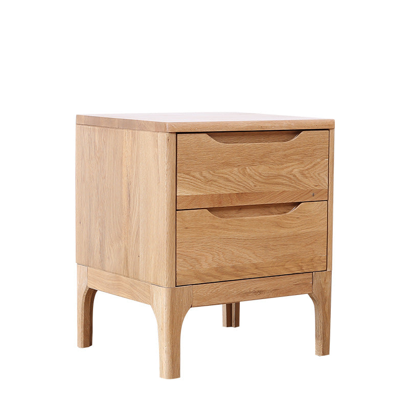 Contemporary Scandinavian Square Solid Oak Wooden Nightstand With 2-Drawer For Bedroom