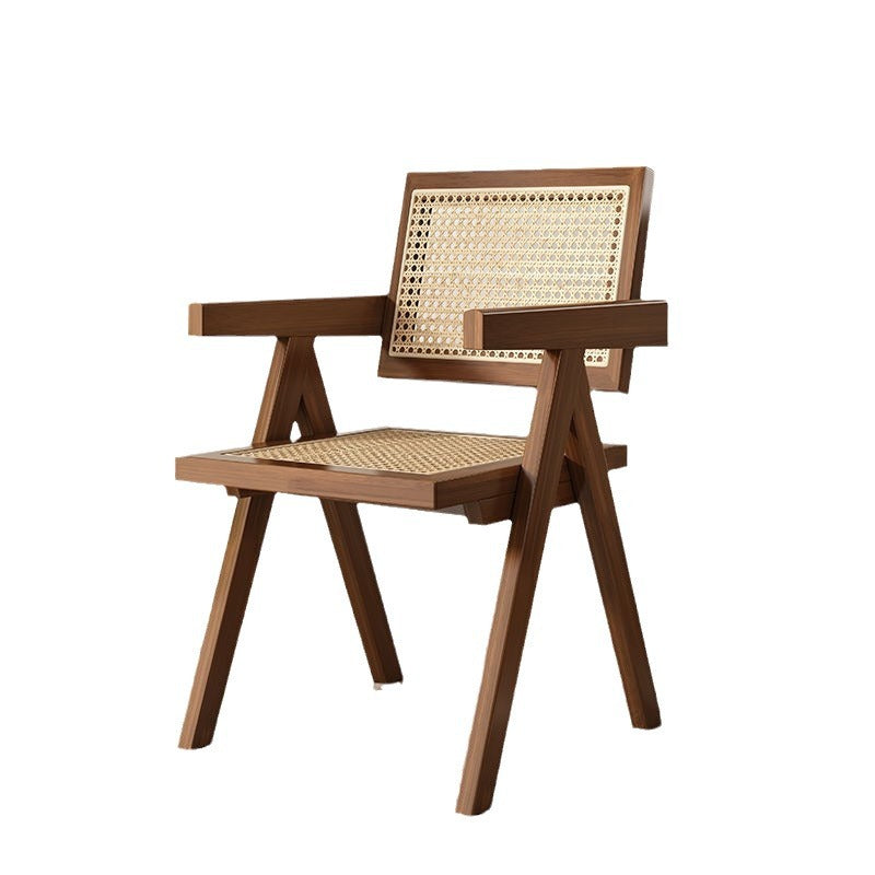 Traditional Rustic Rectangular Triangular Rattan Solid Wood Dining Chair Backrest Armrest For Dining Room