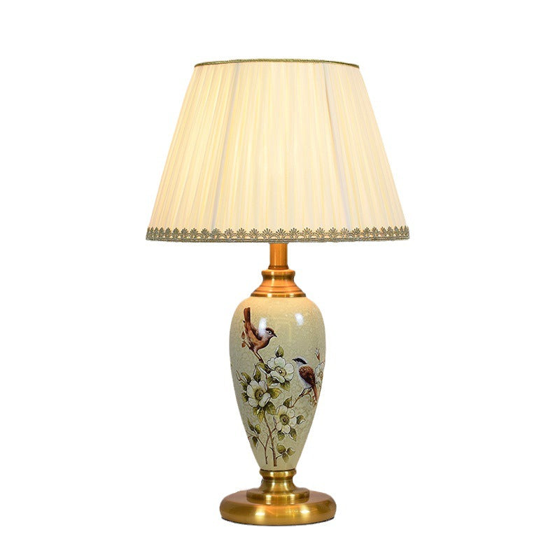 Traditional Chinese Cylindrical Floral And Bird Pattern Metal Ceramic Fabric 1-Light Table Lamp For Bedroom