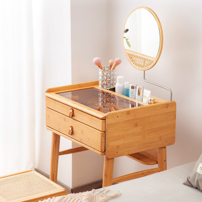 Traditional Rustic Rectangular Bamboo Stainless Steel Glass Makeup Vanity 2-Drawer For Bedroom