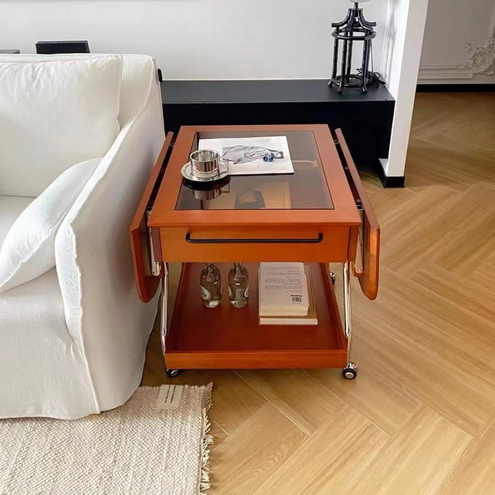 Table basse contemporaine rétro rectangulaire en bois, verre et métal avec 3 rangements pour salon 