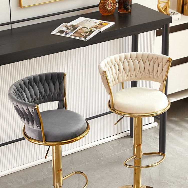 Contemporary Luxury Round Iron Faux Velvet Height Adjustable Bar Stool For Kitchen