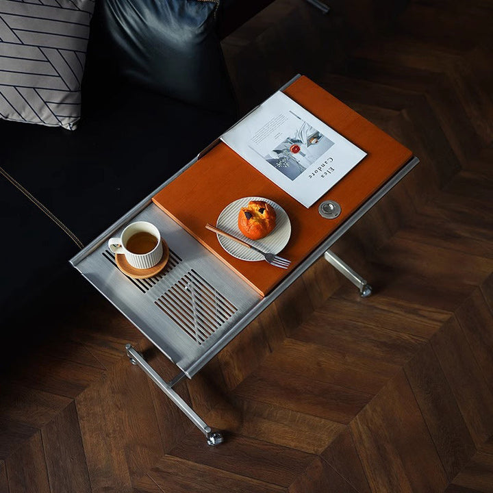 Contemporary Nordic Rectangular Round Pole Solid Wood Stainless Steel Liftable Side Table For Living Room