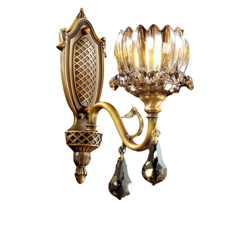 Traditional European Brass Crystal Floral 1/2 Light Wall Sconce Lamp For Bedroom & Living Room