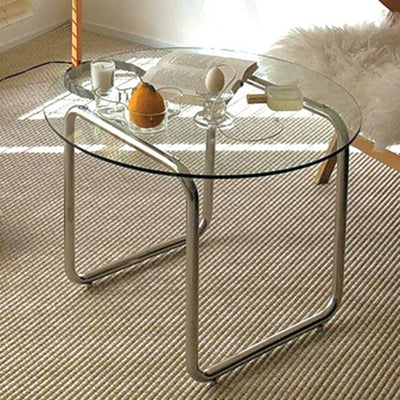 Modern Minimalist Round Glass Stainless Steel Coffee Table 1-Tier For Living Room