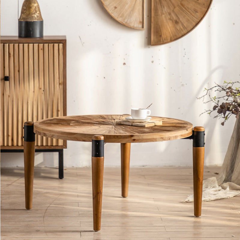 Table basse rustique traditionnelle ronde en bois de sapin et fer, 1 niveau, pour salon 