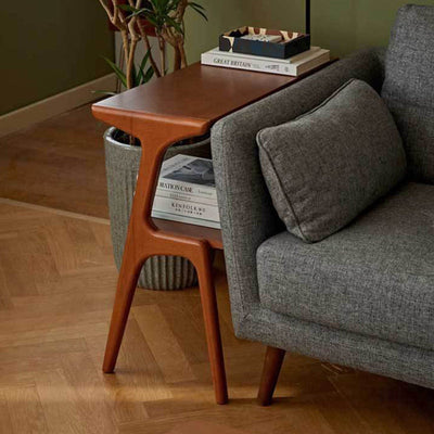 Table d'appoint rectangulaire contemporaine en bois de hêtre et caoutchouc à 2 niveaux pour salon 