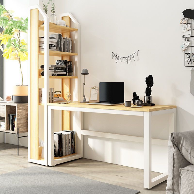 Modern Minimalist Rectangular Steel Particle Board Desks & 5-Tier Bookshelves For Home Office