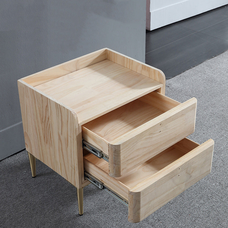Table de nuit moderne en cuir, bois de pin et acier au carbone avec plateau rectangulaire et 2 tiroirs 