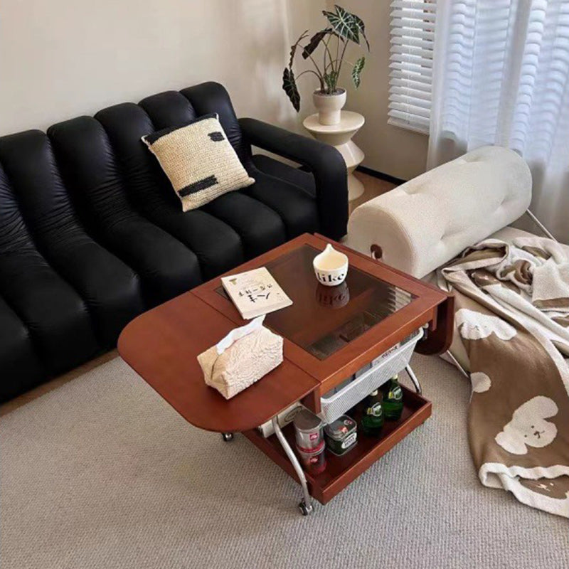 Mesa de café rectangular contemporánea retro de madera, vidrio y metal con 3 almacenamientos para la sala de estar 
