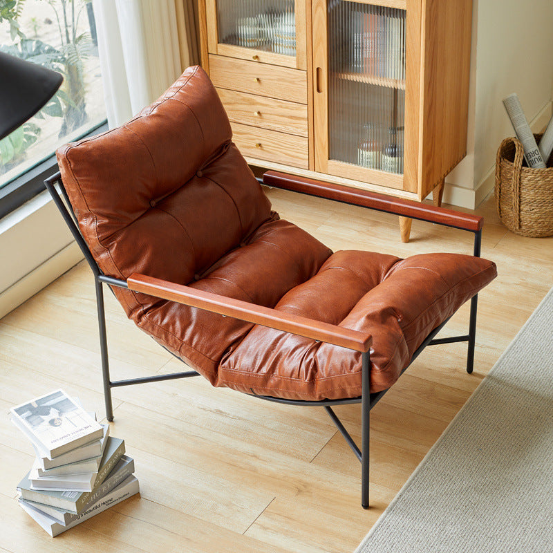 Modern Mid-Century Rectangular PU Leather Carbon Steel Rubberwood Solid Wood PP Cotton Recliner Backrest For Living Room