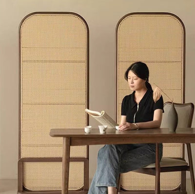 Traditional Chinese Rubberwood Solid Wood PE Rattan Room Divider With 3-Tier Storage Shelf For Living Room