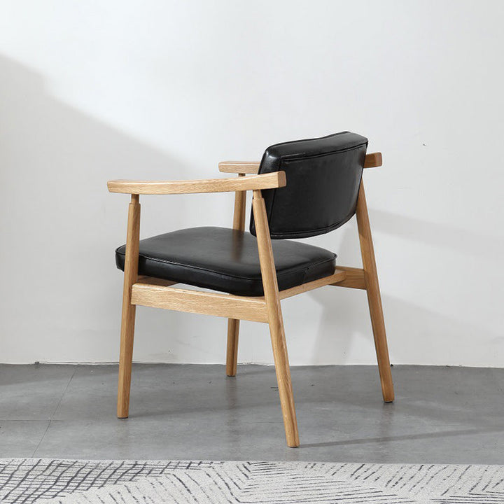 Contemporary Nordic Rectangular PU Leather Oak Dining Chair Backrest Arm For Dining Room