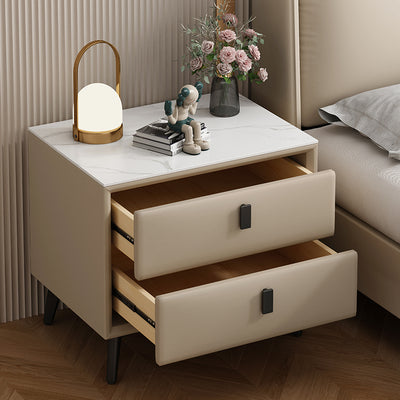 Modern Minimalist Rectangular Stone Slab Cat's Paw Leather Solid Wood Carbon Steel Nightstand 2 -Drawer For Bedroom