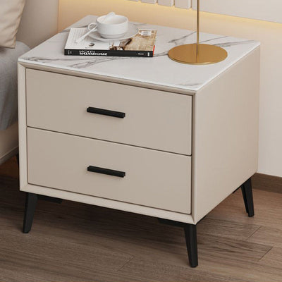 Table de nuit moderne de luxe en cuir microfibre carré avec placage de pierre et panneau en bois massif à 2 tiroirs pour chambre 