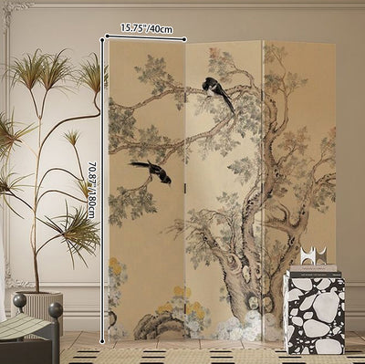 Traditional French Rectangular Fir Wood Solid Wood Plywood Cotton Canvas Floral And Bird Motif Room Divider For Living Room
