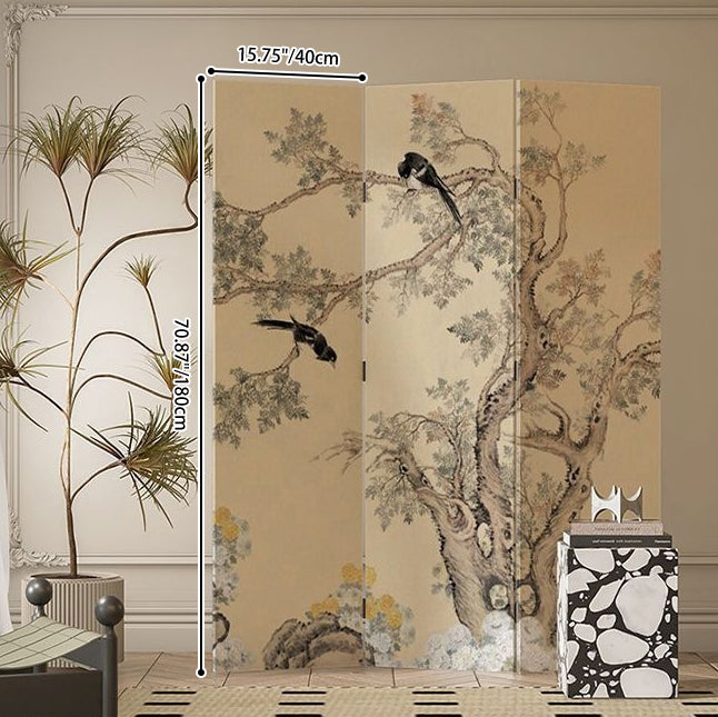 Traditional French Rectangular Fir Wood Solid Wood Plywood Cotton Canvas Floral And Bird Motif Room Divider For Living Room
