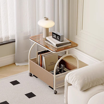 Modern Minimalist Rectangular Iron Faux Leather Glass Removable Coffee Table 1-Storage For Living Room