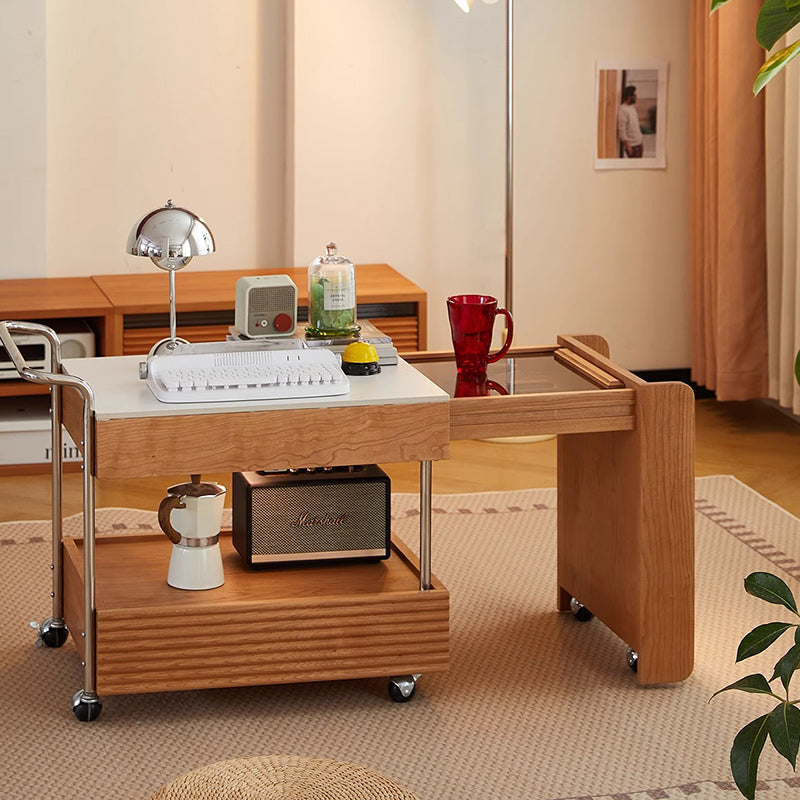 Zeitgenössischer japanischer abnehmbarer rechteckiger Massivholz-Beistelltisch 2-stufig für Wohnzimmer 