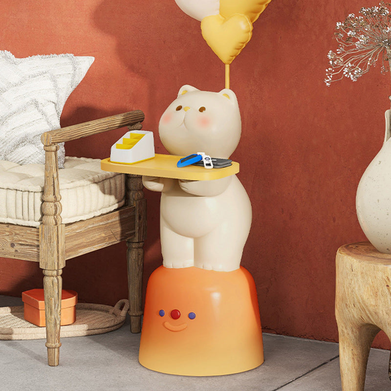 Moderner Art Deco Kinder Katzen rechteckiger Harz Metall Holz Beistelltisch 1-Tablett mit LED-Licht für Schlafzimmer 