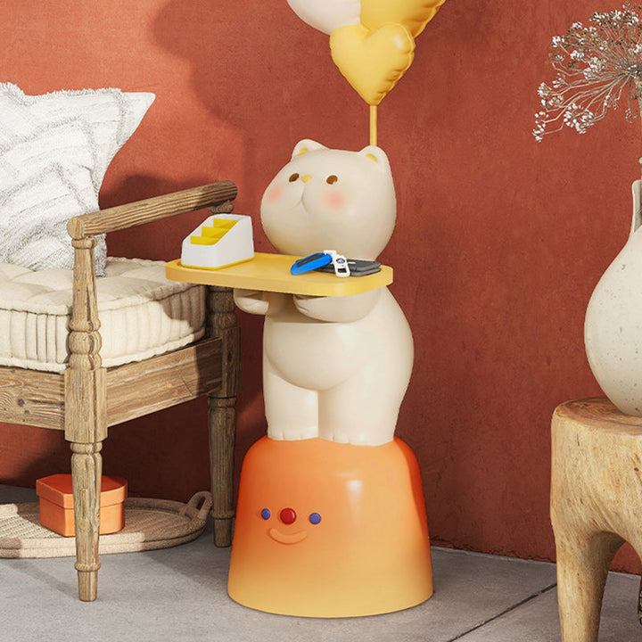 Moderner Art Deco Kinder Katzen rechteckiger Harz Metall Holz Beistelltisch 1-Tablett mit LED-Licht für Schlafzimmer 