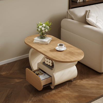 Contemporary Scandinavian Oval Multi-Layer Solid Wood Carbon Steel Movable Side Table 1-Drawer For Living Room
