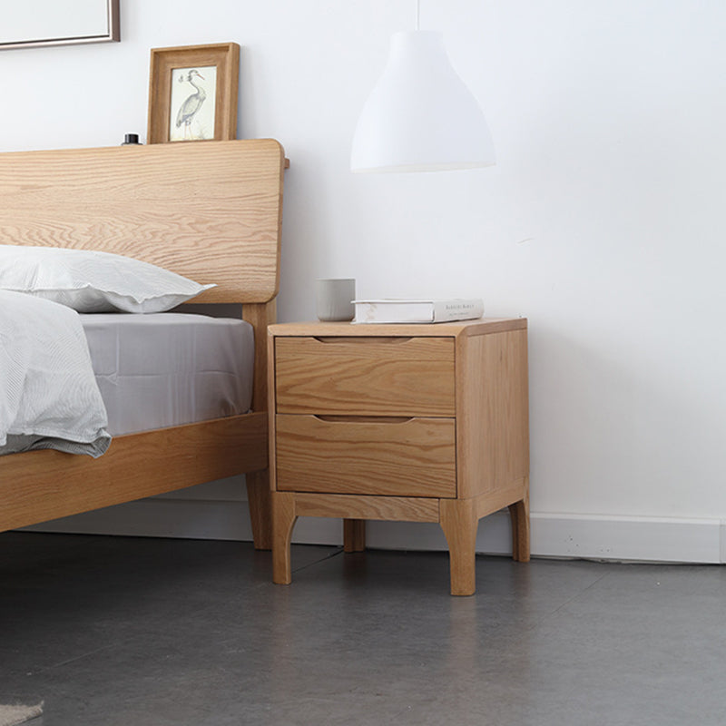 Contemporary Scandinavian Square Solid Oak Wooden Nightstand With 2-Drawer For Bedroom