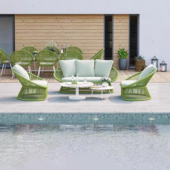 Contemporary Boho Waterproof Weaving Rattan Rope Sponge Aluminum Alloy Slab Round Elliptical Outdoor Coffee Table &amp; Chair Set For Outdoor Patio