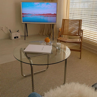 Modern Minimalist Round Glass Stainless Steel Coffee Table 1-Tier For Living Room