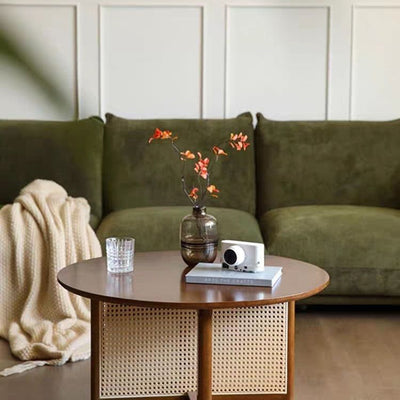 Traditional Japanese Round Rectangular Wicker-Woven Solid Wood Side Table 1-Tier For Living Room